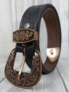 Hand Tooled Western Leather Belt – Western Cowboy Belt with 3 Piece Buckle Set